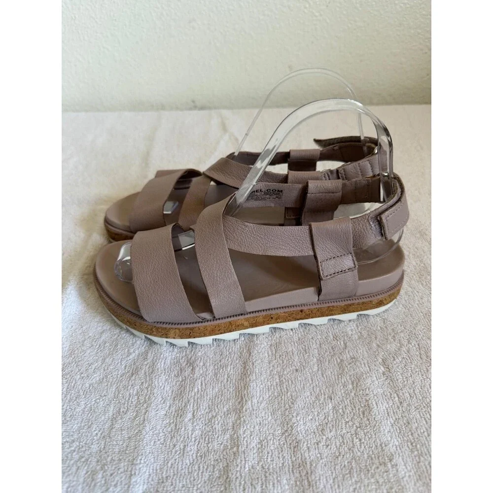 Sorel Women Roaming Strappy Sandal Taupe Leather Cork Platform Size 7.5
